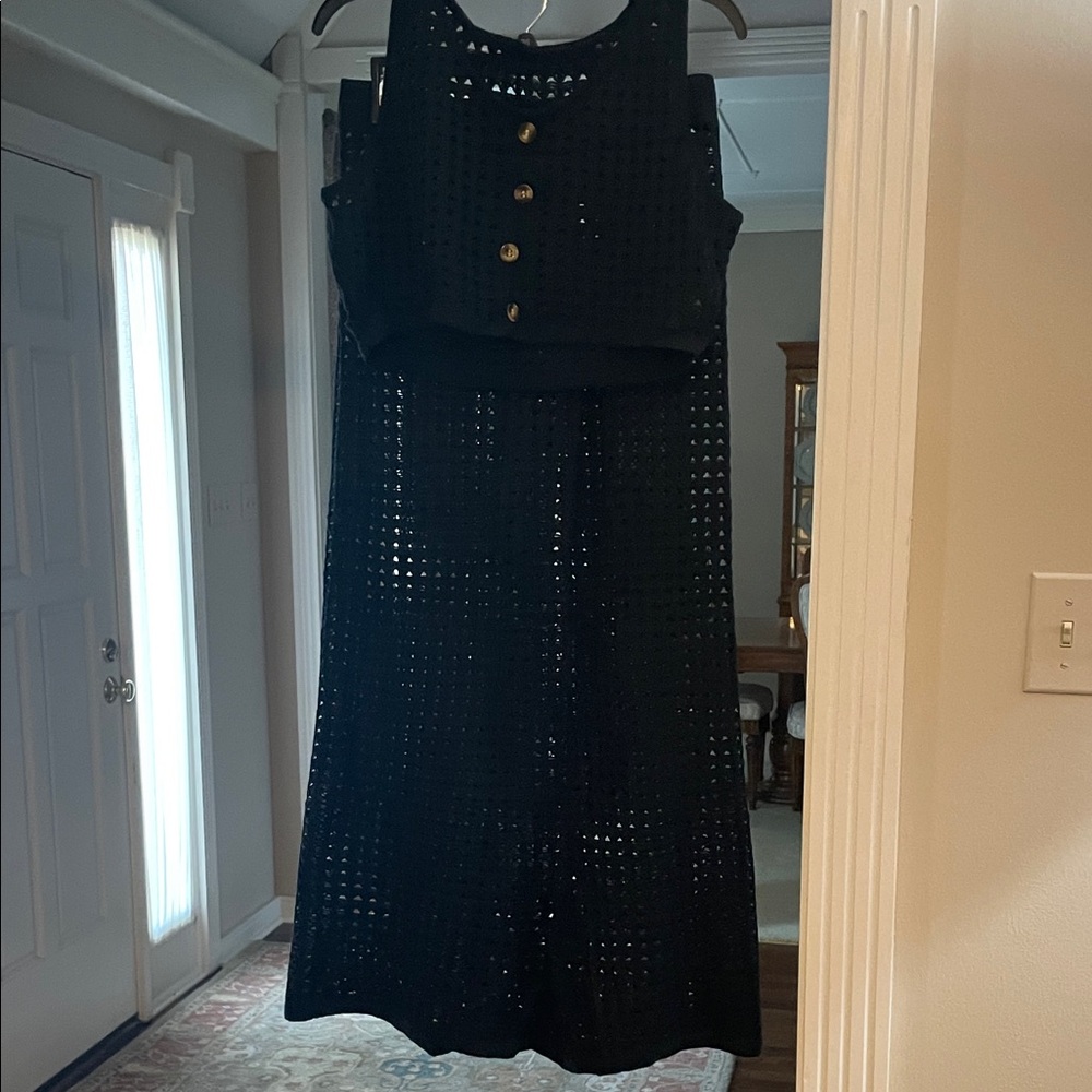 Black Eyelet Midi Dress with Button Front Bodice